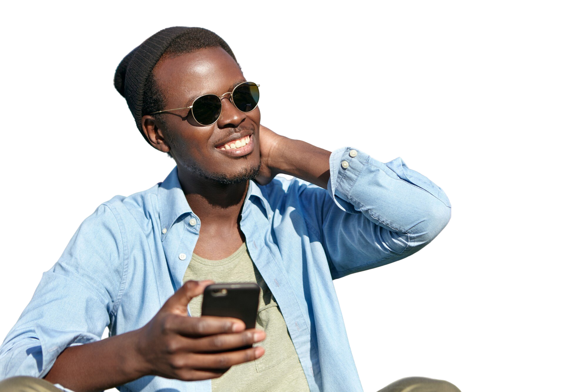 Happy Nigerian using smartphone